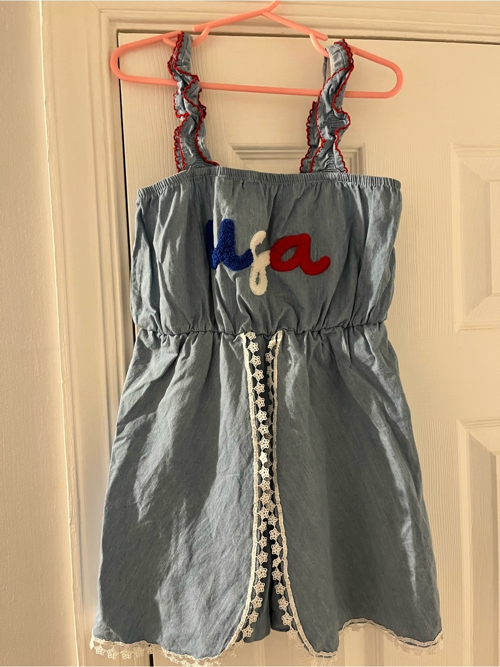 Girls Light Blue Denim Romper with Red & Blue Appliqué